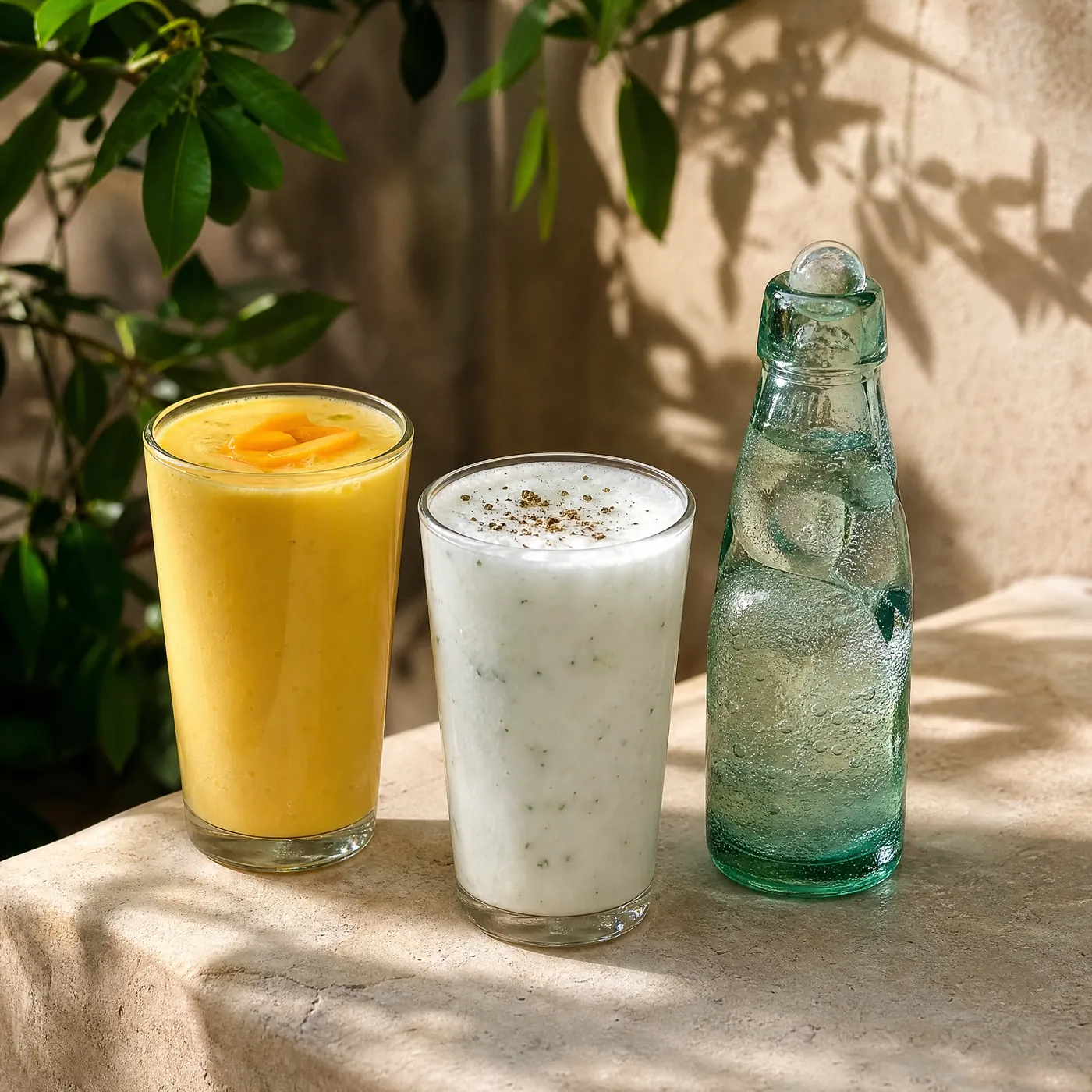 Mango lassi, salted lassi topped with cumin, and a marble-stoppered Goli soda bottle on a stone ledge in daylight.