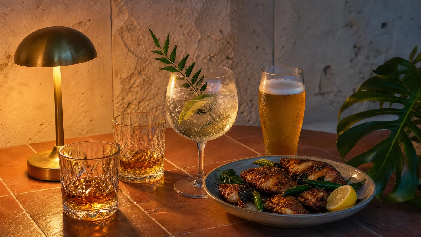 Whisky tumblers, a gin and tonic with curry leaf, a lager and spiced fried fish under a brass lamp at dusk.