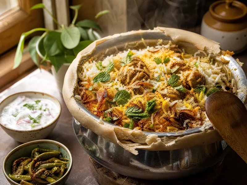 A heavy pot of chicken dum biryani just opened, with saffron-streaked rice, fried onions and mint.