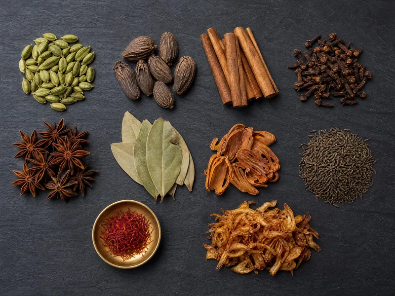 Small piles of cardamom, cinnamon, cloves, star anise, bay leaves, mace, black caraway and saffron on slate.