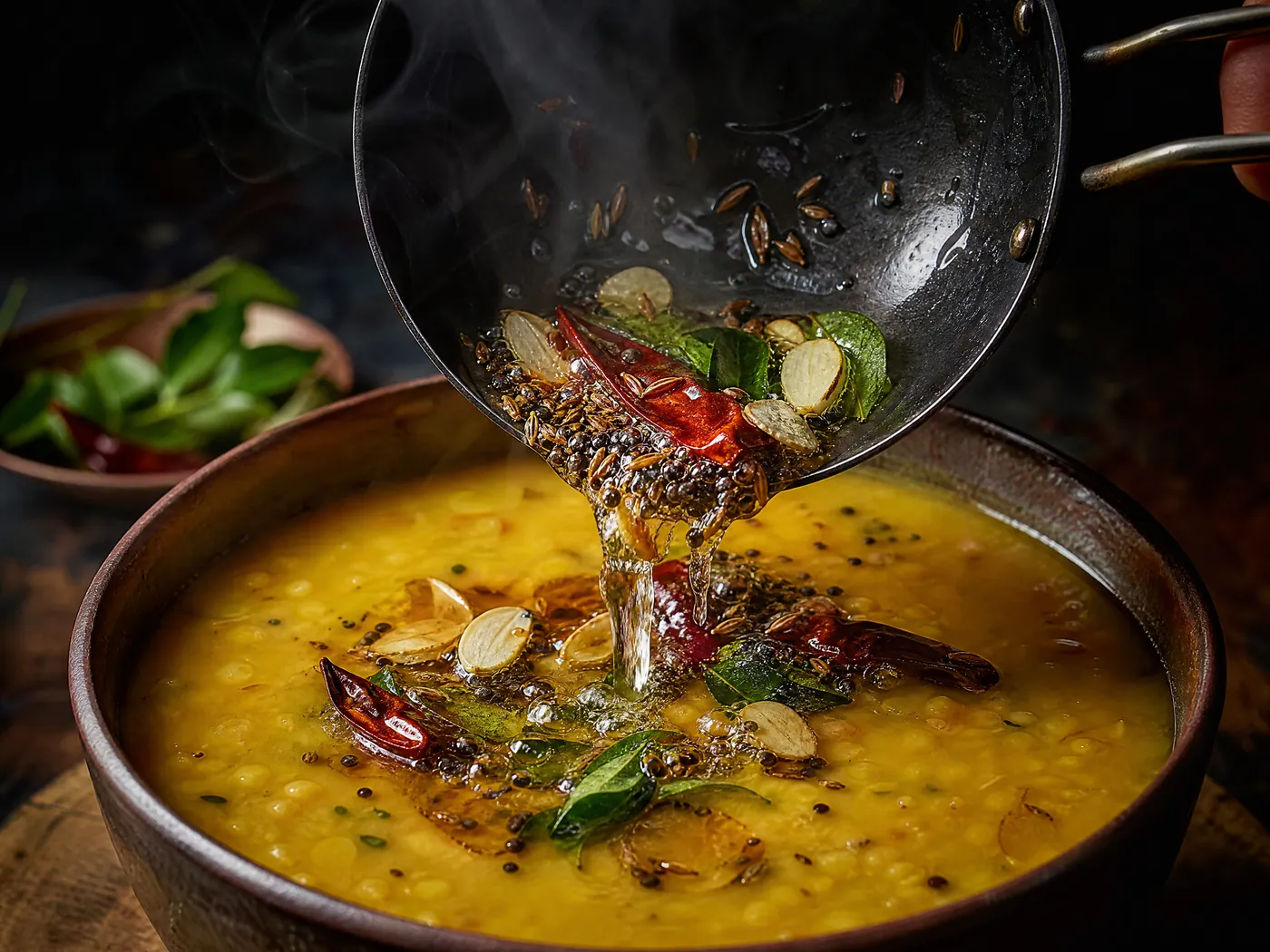 Sizzling ghee with mustard seeds, curry leaves and chillies being poured over yellow dal.