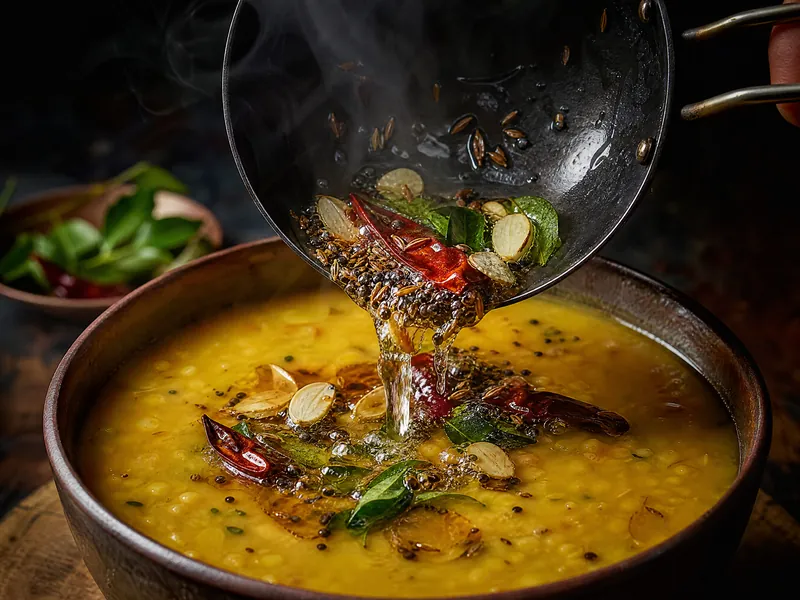 Sizzling ghee with mustard seeds, curry leaves and chillies being poured over yellow dal.