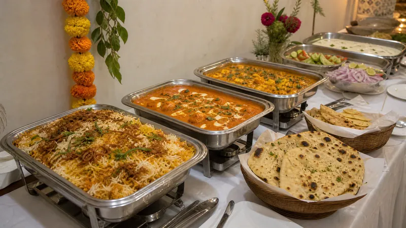 A catering buffet of biryani, curries and naan in chafing trays, with a marigold garland.