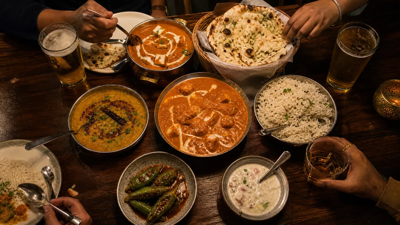 A shared Indian dinner of curries, naan, rice and raita with glasses of lager and whisky.