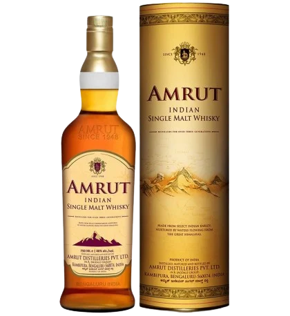 Amrut Indian Single Malt Whisky bottle and gift tube.