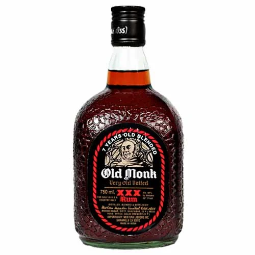 A bottle of Old Monk rum.