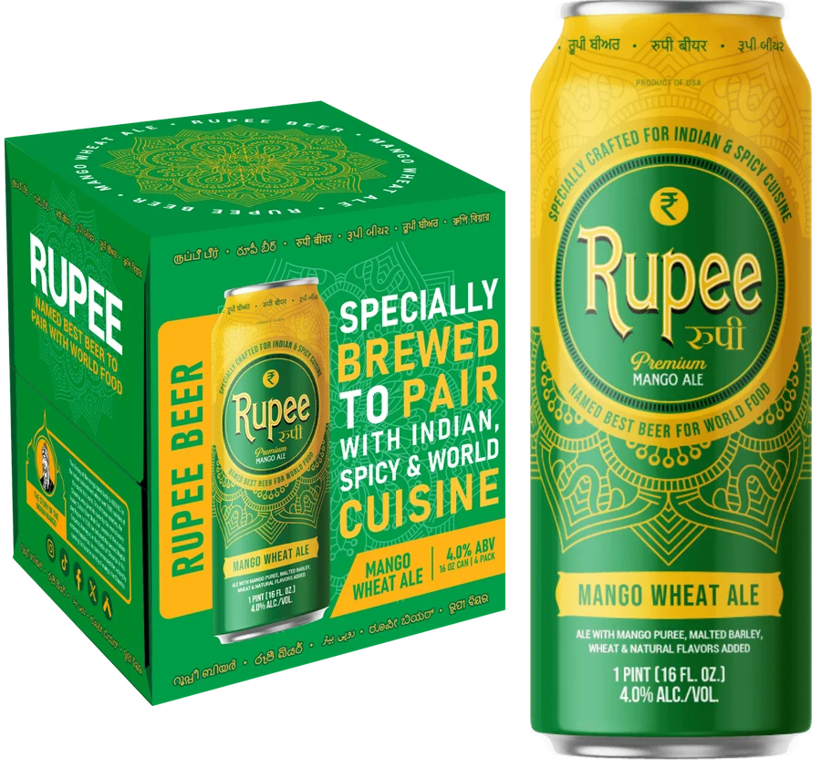 Rupee Mango Wheat Ale can and four-pack.