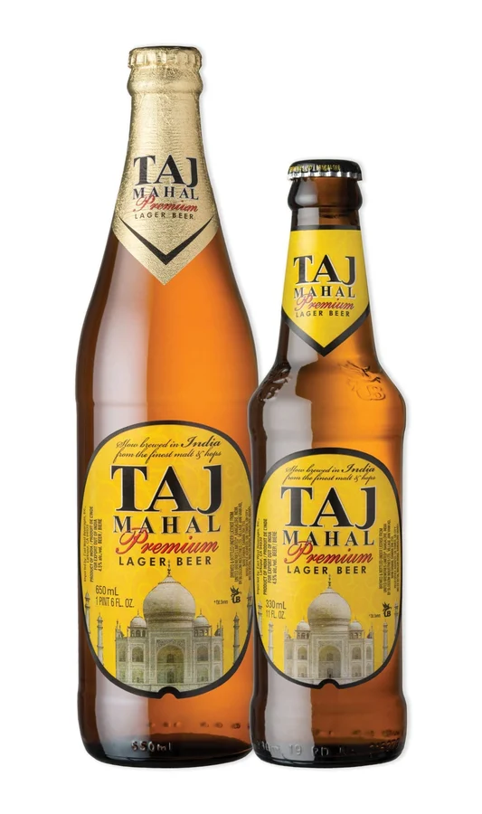 Two bottles of Taj Mahal Premium Lager.